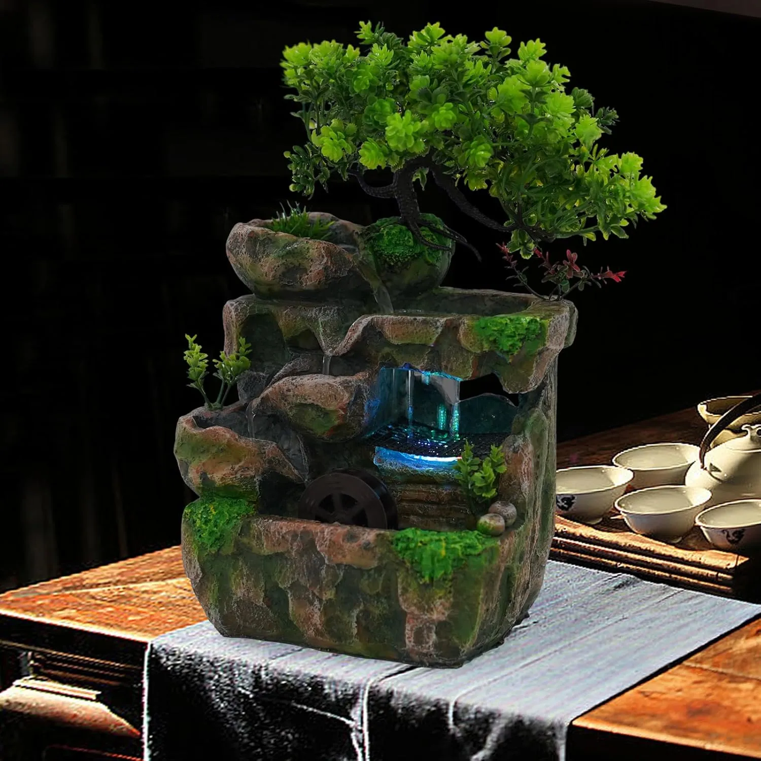Fountain Decorative Fountain Feng Shui Wheel Waterfall,Water Feature Led Fountain Lights Zen Meditation Indoor Waterfall Features Relaxing Water Features for Home Office Bedroom