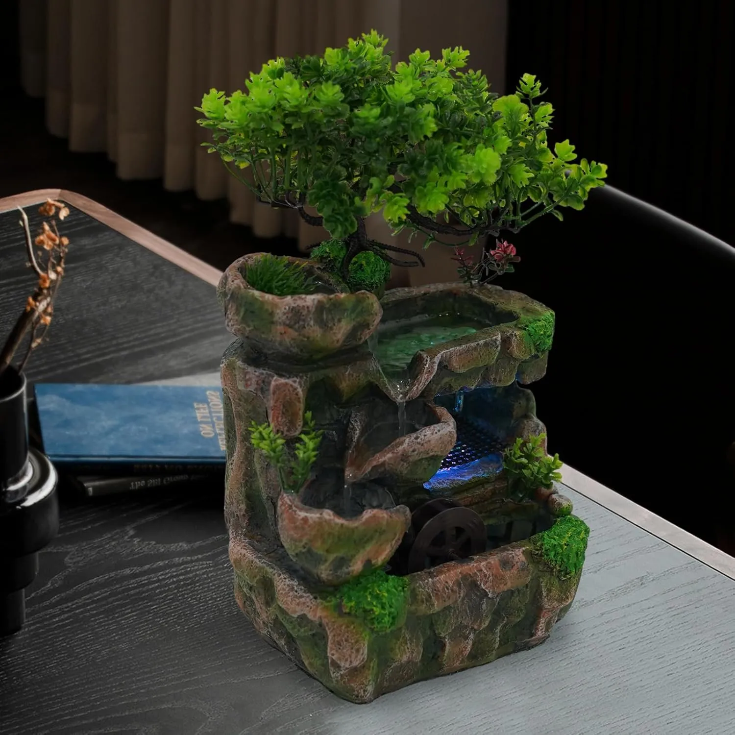 Fountain Decorative Fountain Feng Shui Wheel Waterfall,Water Feature Led Fountain Lights Zen Meditation Indoor Waterfall Features Relaxing Water Features for Home Office Bedroom