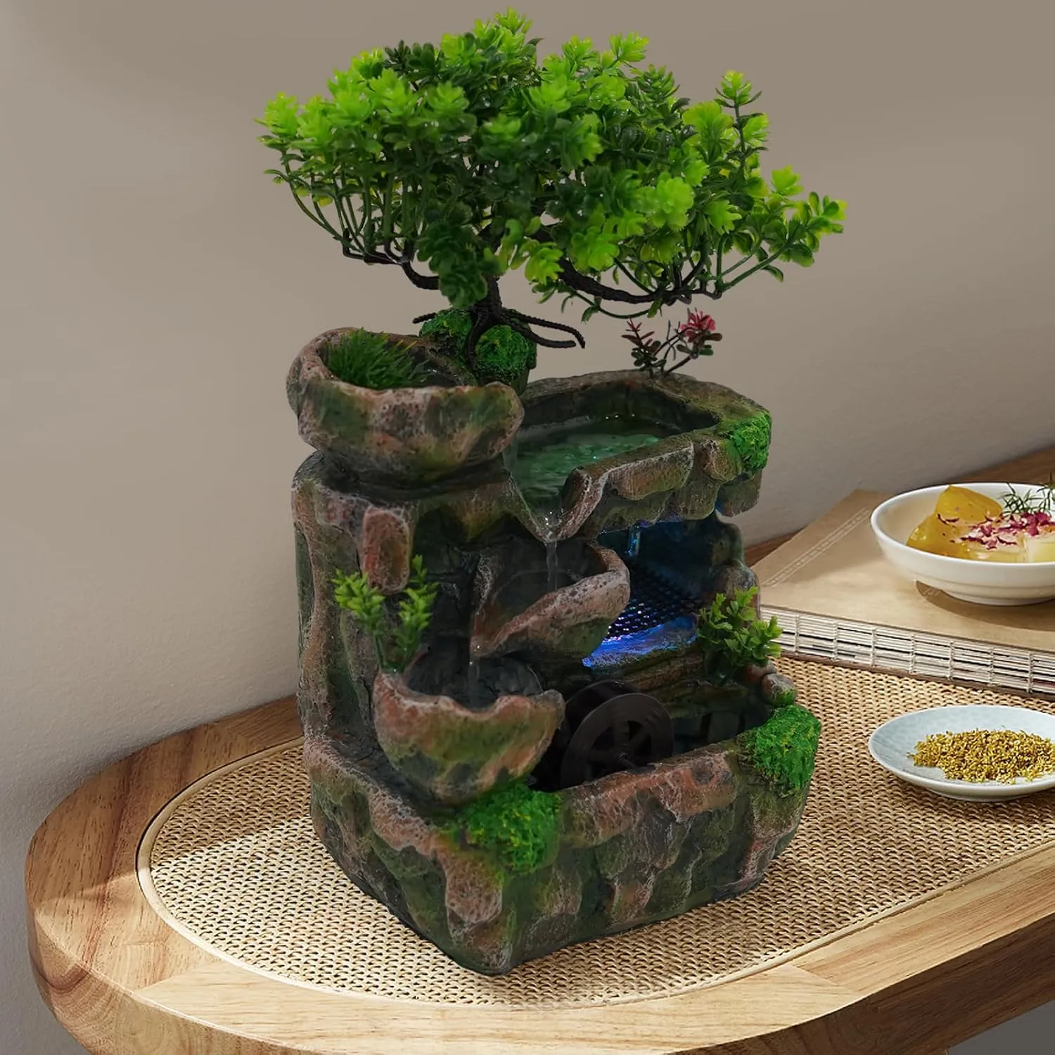 Fountain Decorative Fountain Feng Shui Wheel Waterfall,Water Feature Led Fountain Lights Zen Meditation Indoor Waterfall Features Relaxing Water Features for Home Office Bedroom