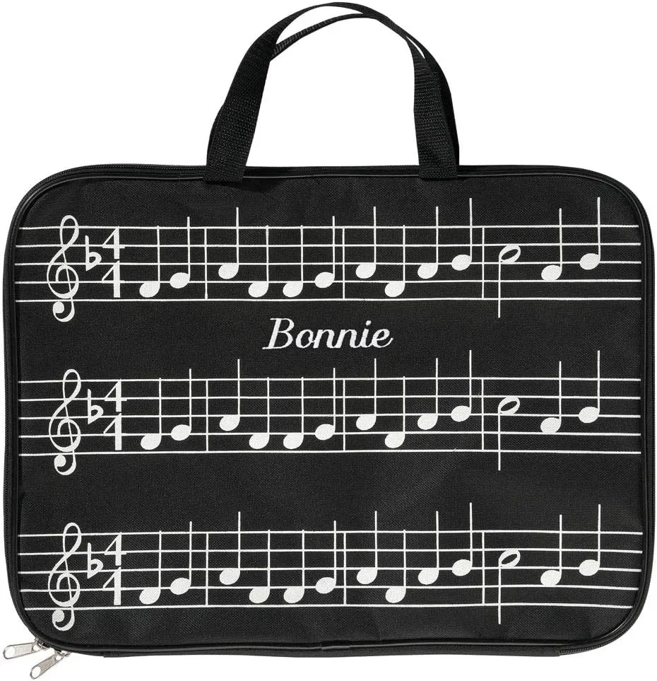 Fox Valley Traders Personalized Musical Note Tote Bag with Zipper, Customized Sheet Music Briefcase, Black