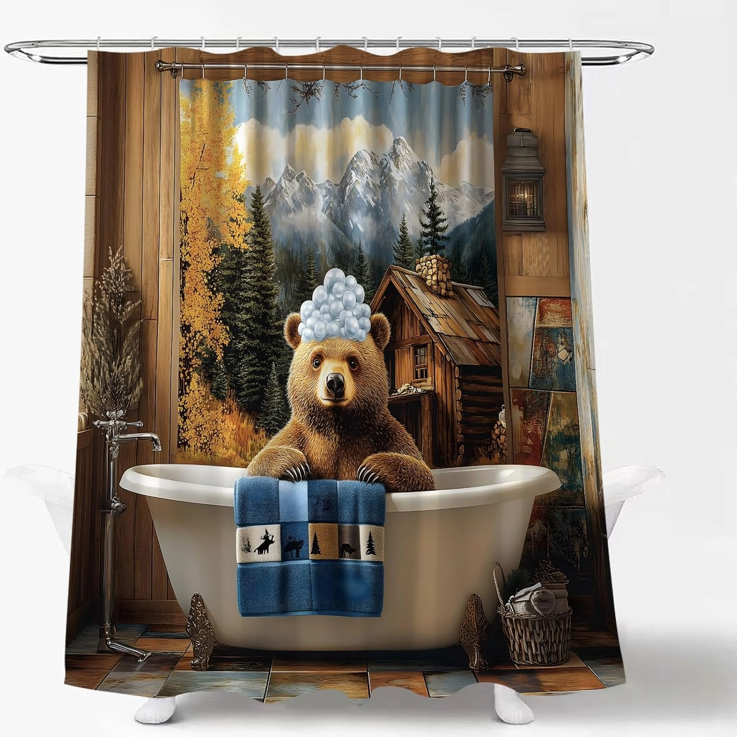 Funny Brown Bear Shower Curtain Cute Bear Bathtub Bubbles Rustic Cabin Forest Mountain Farmhouse Animal Retro Country Vintage Nature Scenery Fabric Bathroom Curtain with Hook