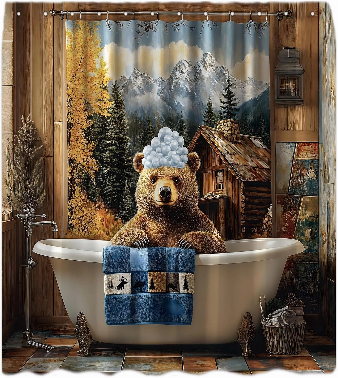 Funny Brown Bear Shower Curtain Cute Bear Bathtub Bubbles Rustic Cabin Forest Mountain Farmhouse Animal Retro Country Vintage Nature Scenery Fabric Bathroom Curtain with Hook