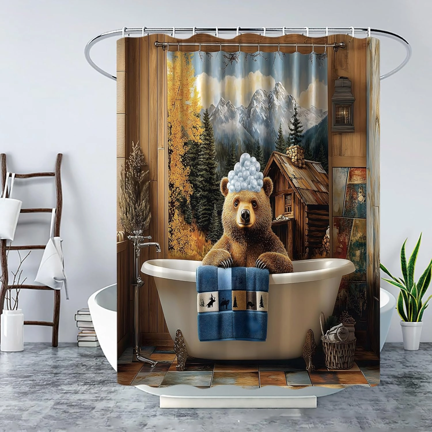 Funny Brown Bear Shower Curtain Cute Bear Bathtub Bubbles Rustic Cabin Forest Mountain Farmhouse Animal Retro Country Vintage Nature Scenery Fabric Bathroom Curtain with Hook