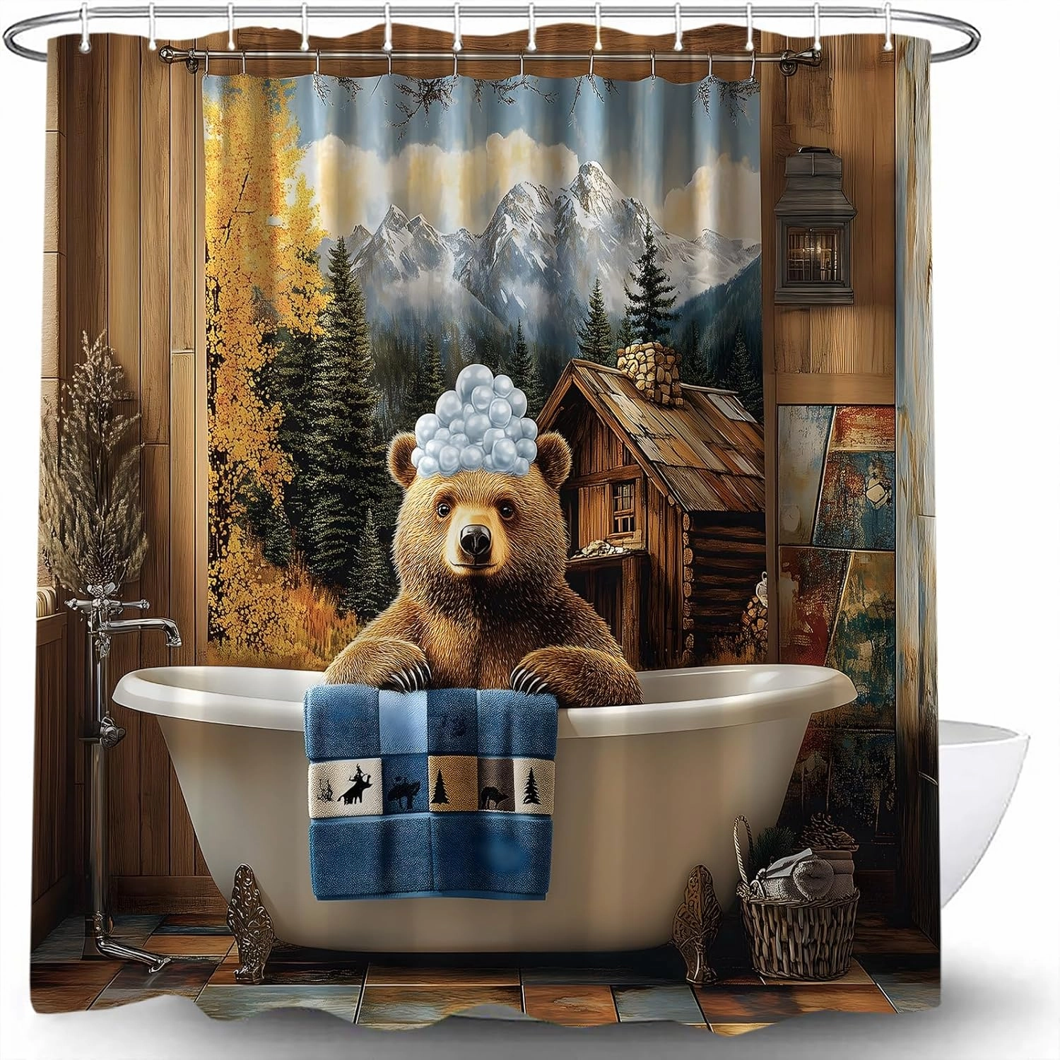 Funny Brown Bear Shower Curtain Cute Bear Bathtub Bubbles Rustic Cabin Forest Mountain Farmhouse Animal Retro Country Vintage Nature Scenery Fabric Bathroom Curtain with Hook