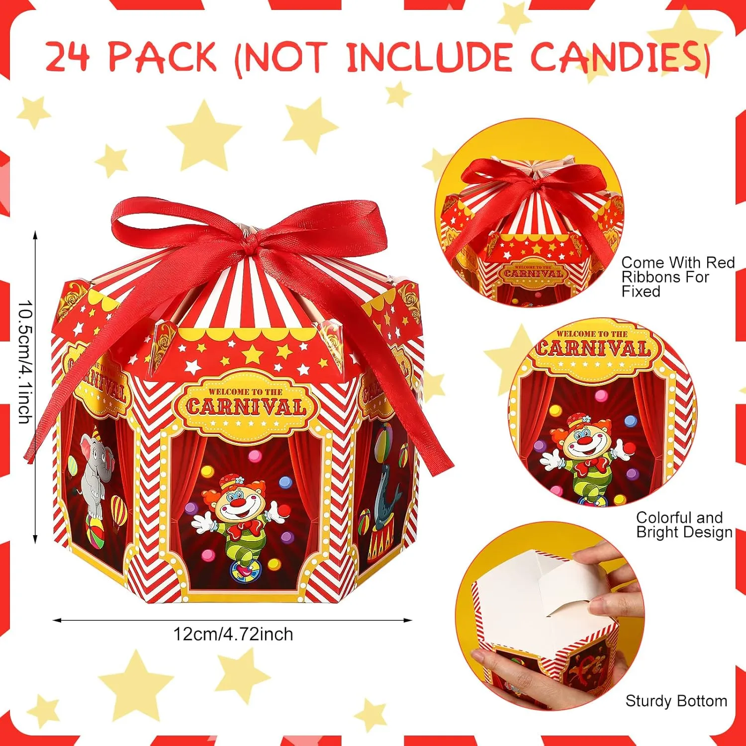 Funrous Carnival Treat Boxes Circus Cupcake Paper Candy Red White Stripes Carnival Favor Boxes Goody Gift Decorations for Birthday Holiday Party Celebration(24 Pcs)