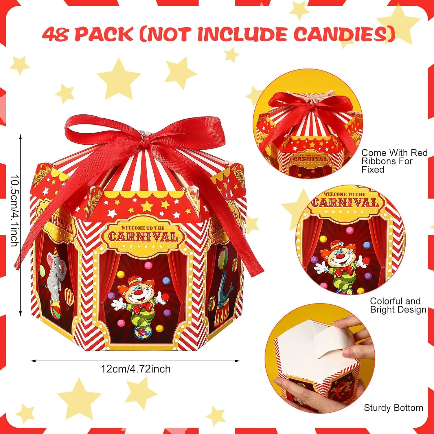 Funrous Carnival Treat Boxes Circus Cupcake Paper Candy Red White Stripes Carnival Favor Boxes Goody Gift Decorations for Birthday Holiday Party Celebration(48 Pcs)