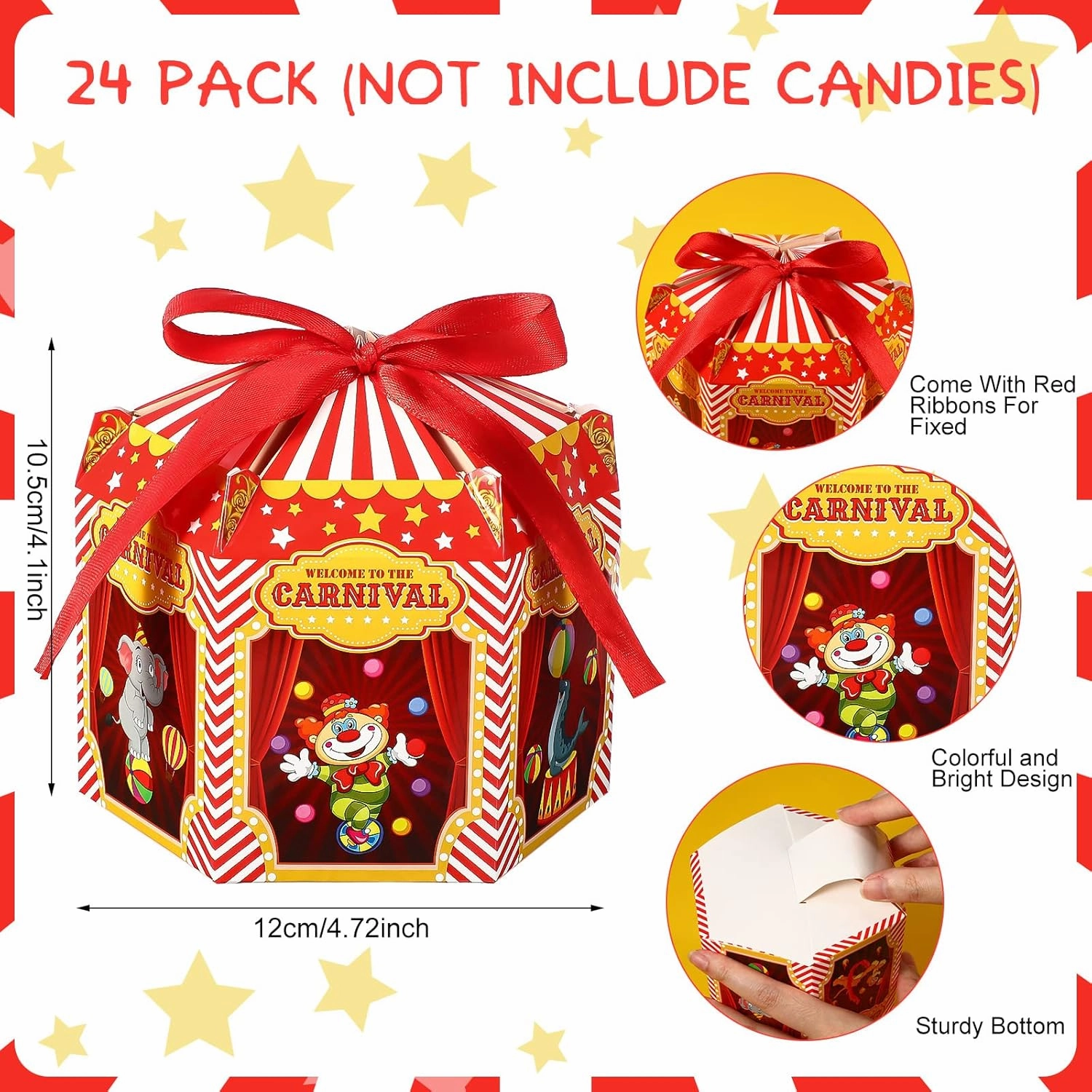 Funrous Carnival Treat Boxes Circus Cupcake Paper Candy Red White Stripes Carnival Favor Boxes Goody Gift Decorations for Birthday Holiday Party Celebration(24 Pcs)