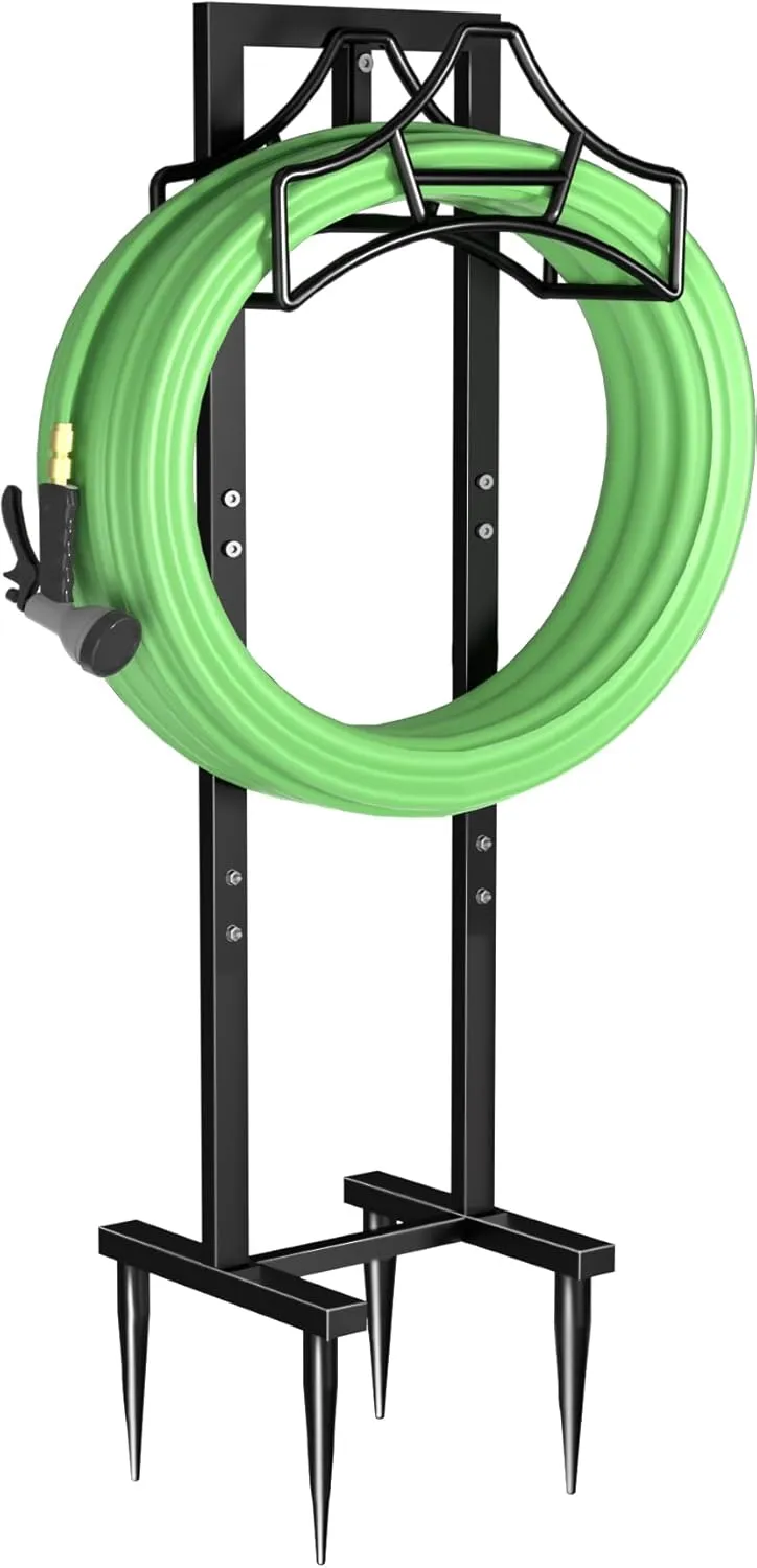 Garbuildman Garden Hose Holder With 4 Spikes, Freestanding Metal Hose Stand for Outdoor Garden, Detachable Hose Storage Rack for Lawn & Yard, Shiny Black