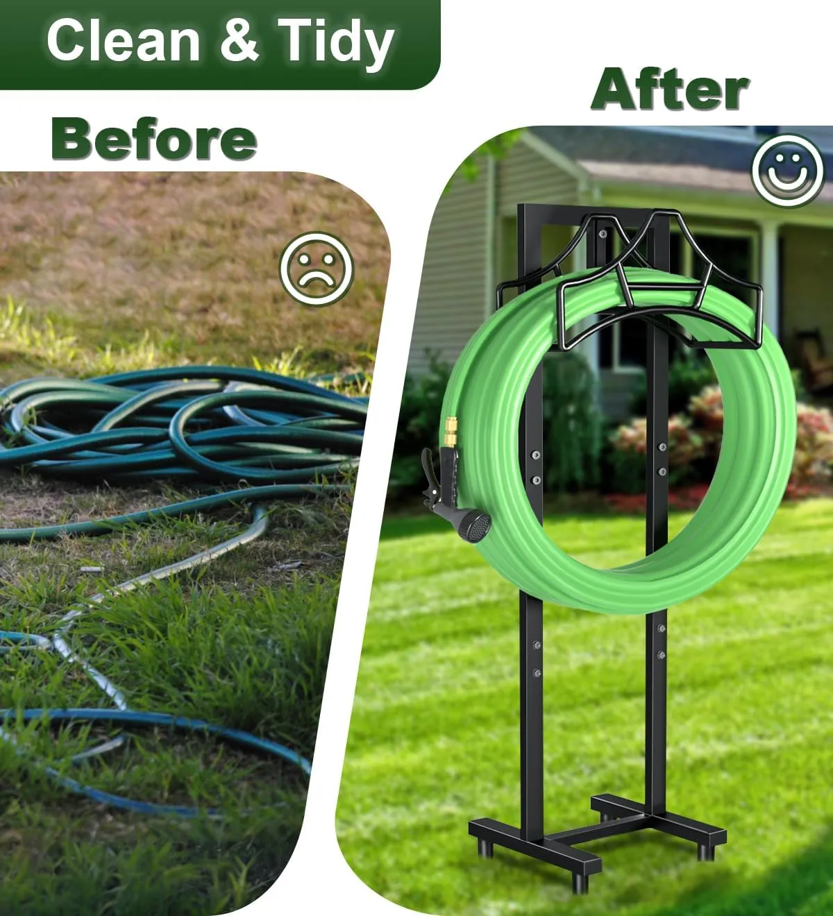 Garbuildman Garden Hose Holder With 4 Spikes, Freestanding Metal Hose Stand for Outdoor Garden, Detachable Hose Storage Rack for Lawn & Yard, Shiny Black