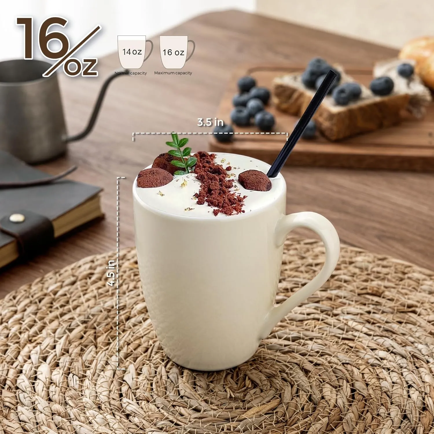 GBHOME 16 OZ Large Porcelain Coffee Mugs Set of 6, Light Weight Ceramic Coffee Cups Set for Cappuccino,Latte,Cocoa, Dishwasher & Microwave Safe, Beige