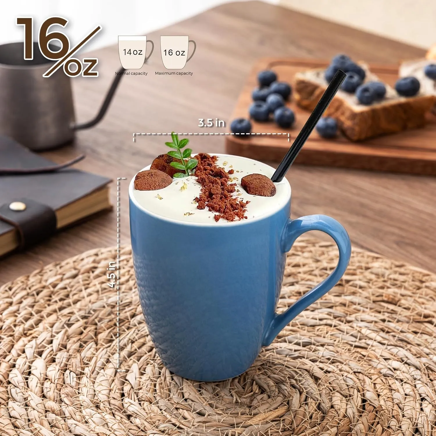 GBHOME 16 oz Large Porcelain Coffee Mugs Set of 6, Light Weight Ceramic Coffee Cups Set for Cappuccino,Latte,Cocoa, Dishwasher & Microwave Safe, French Blue