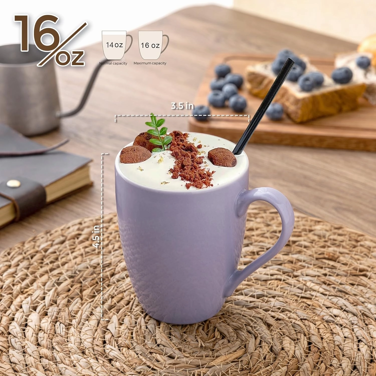 GBHOME 16 oz Large Porcelain Coffee Mugs Set of 6, Light Weight Ceramic Coffee Cups Set for Cappuccino,Latte,Cocoa, Dishwasher & Microwave Safe, Purple