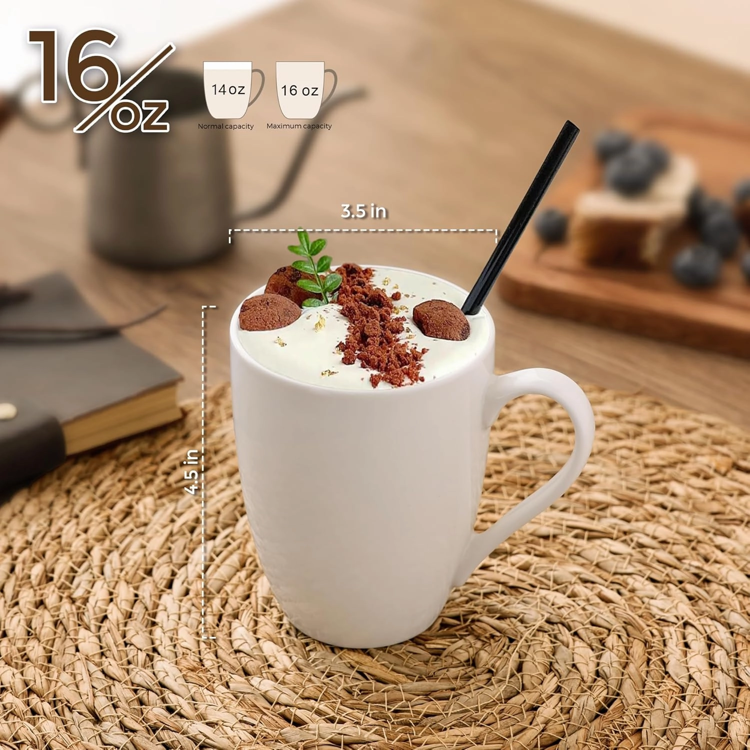 GBHOME 16 oz Large Porcelain Coffee Mugs Set of 6, Light Weight Ceramic Coffee Cups Set for Cappuccino,Latte,Cocoa, Dishwasher & Microwave Safe, White
