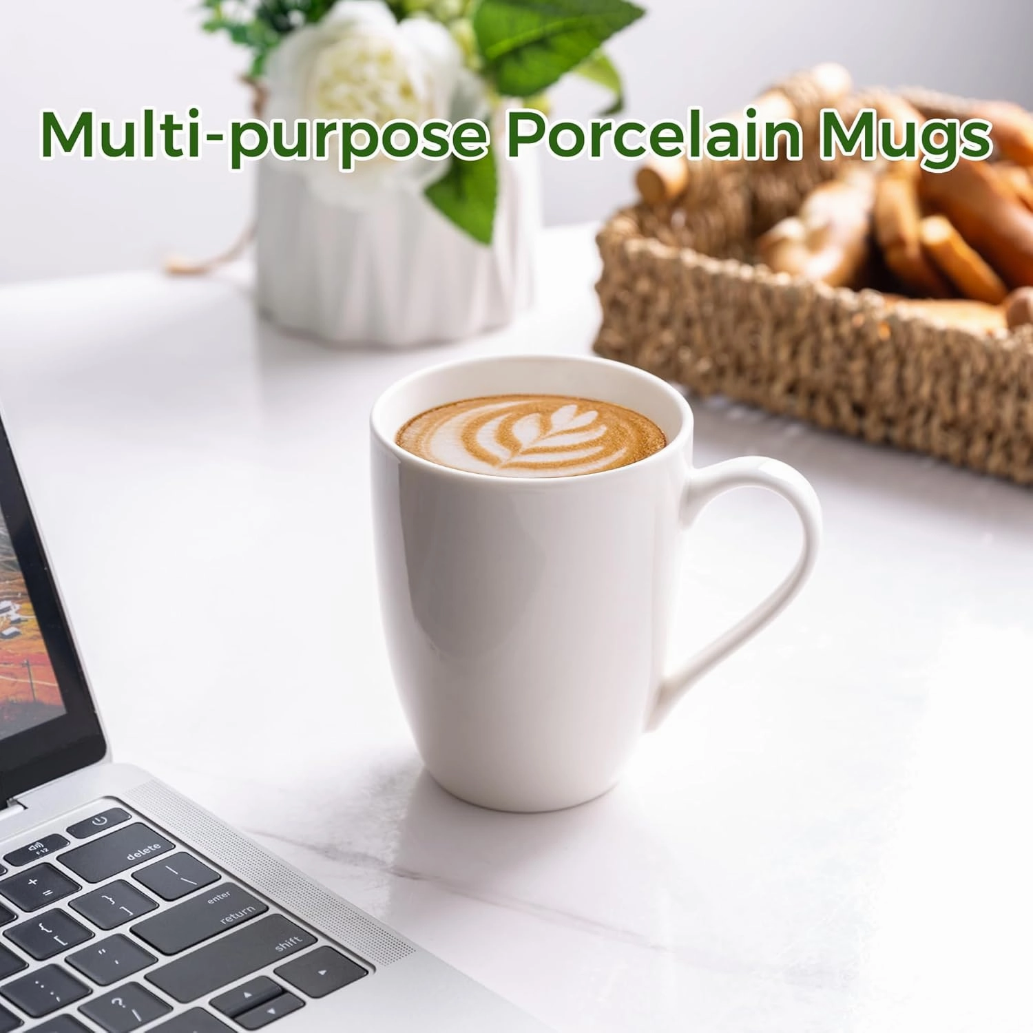 GBHOME 16 oz Large Porcelain Coffee Mugs Set of 6, Light Weight Ceramic Coffee Cups Set for Cappuccino,Latte,Cocoa, Dishwasher & Microwave Safe, White