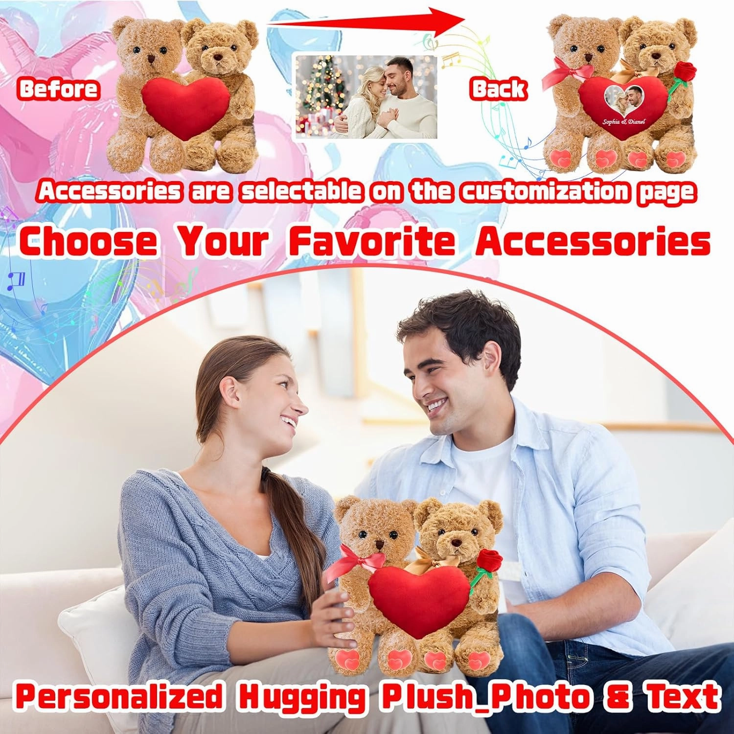 Generic Personalized Valentine Teddy Bear with Text Photo, Hugging Plush as Valentine Gifts for Men/Women, 2PCS (10 inch)
