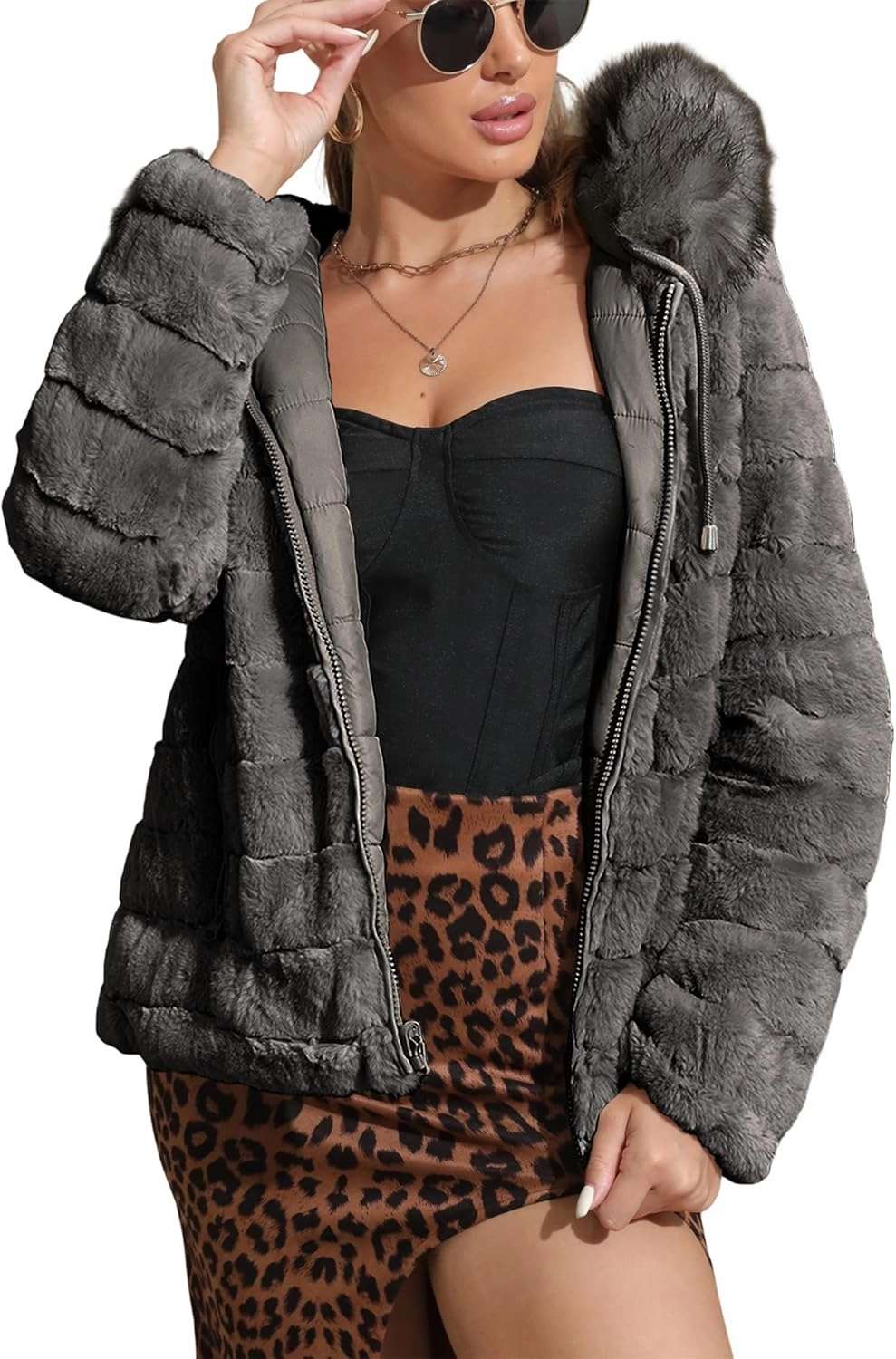 Geschallino Women's Faux Fur Coat Fleece Reversible Sherpa Fuzzy Winter Puffer Jacket (Available in Plus Size)