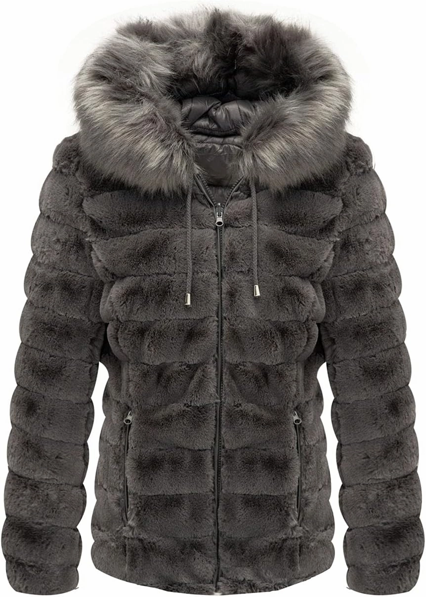 Geschallino Women's Faux Fur Coat Fleece Reversible Sherpa Fuzzy Winter Puffer Jacket (Available in Plus Size)