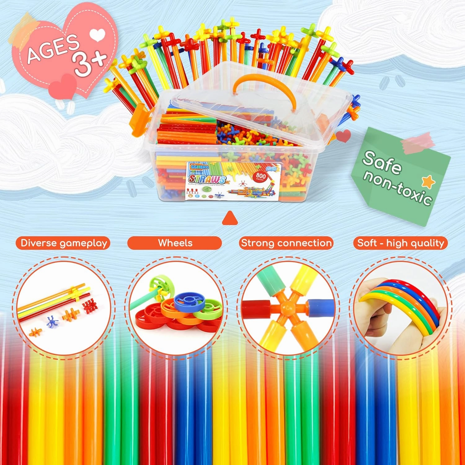 Ggiibro Straw Constructor Toys STEM Building Toys 800Pcs Toys for 3  Year Interlocking Plastic Toys Engineering Toys Thin Tube Blocks Toy Educational Toy Kit for Indoor Kids Toys with a Storage Box