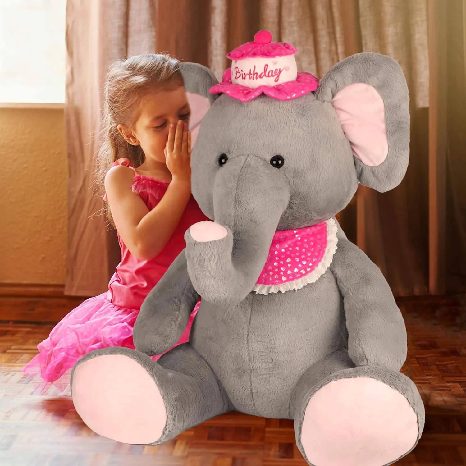 Giant Elephant Stuffed Animal, Big Elephant Plush Toy with Hat & Bib, Birthday Gifts for Girls Girlfriend, Large Soft Cuddly Plush Pal for Kids, Party Decorations