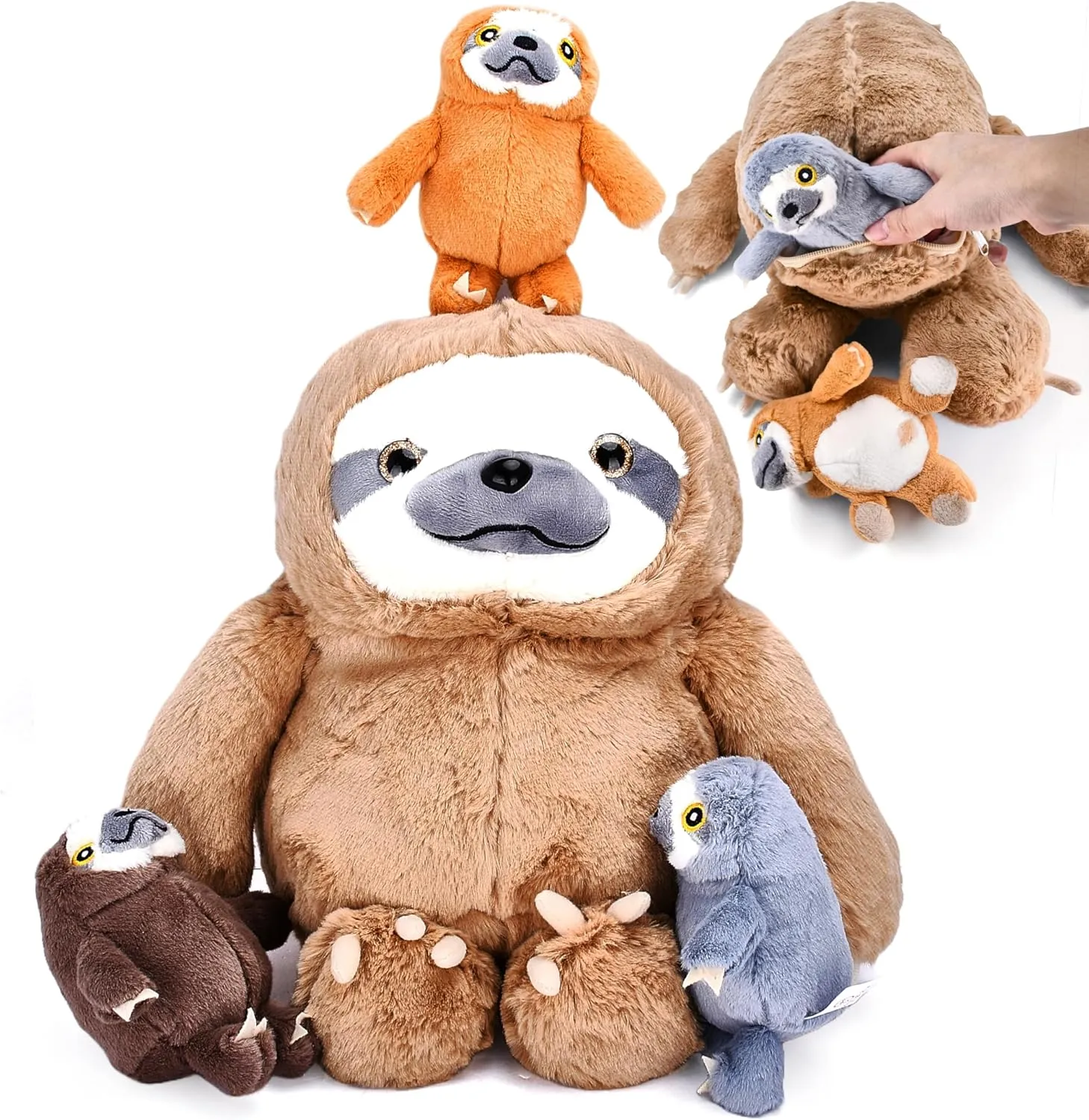 Giant Sloth Stuffed Animal - Ideal Gift for Kids, Adults who are Sloth Enthusiasts, Soft, Fluffy Plush and Cuddly Large Sloth with 3 Adorable Baby Sloths - Brown 12.5" x 5.9"