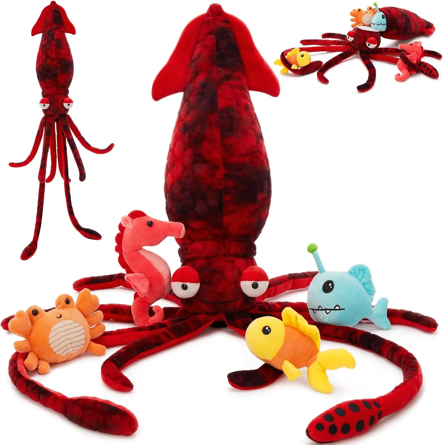 Giant Squid Stuffed Animal with 4 Sea Animal Plush Toy, 41.3" Clownfish Crab Seahorse Angler Fish Baby Stuffed, Birthday for Boys Girls Kids, Ocean Theme Party Decor, Red