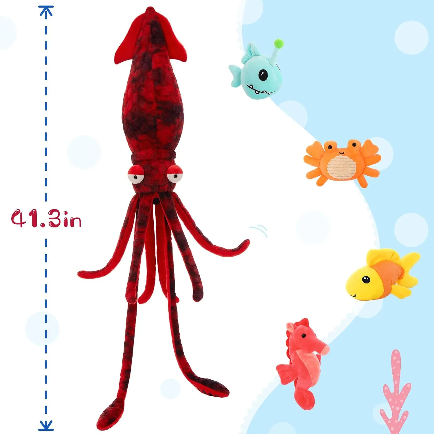 Giant Squid Stuffed Animal with 4 Sea Animal Plush Toy, 41.3" Clownfish Crab Seahorse Angler Fish Baby Stuffed, Birthday for Boys Girls Kids, Ocean Theme Party Decor, Red