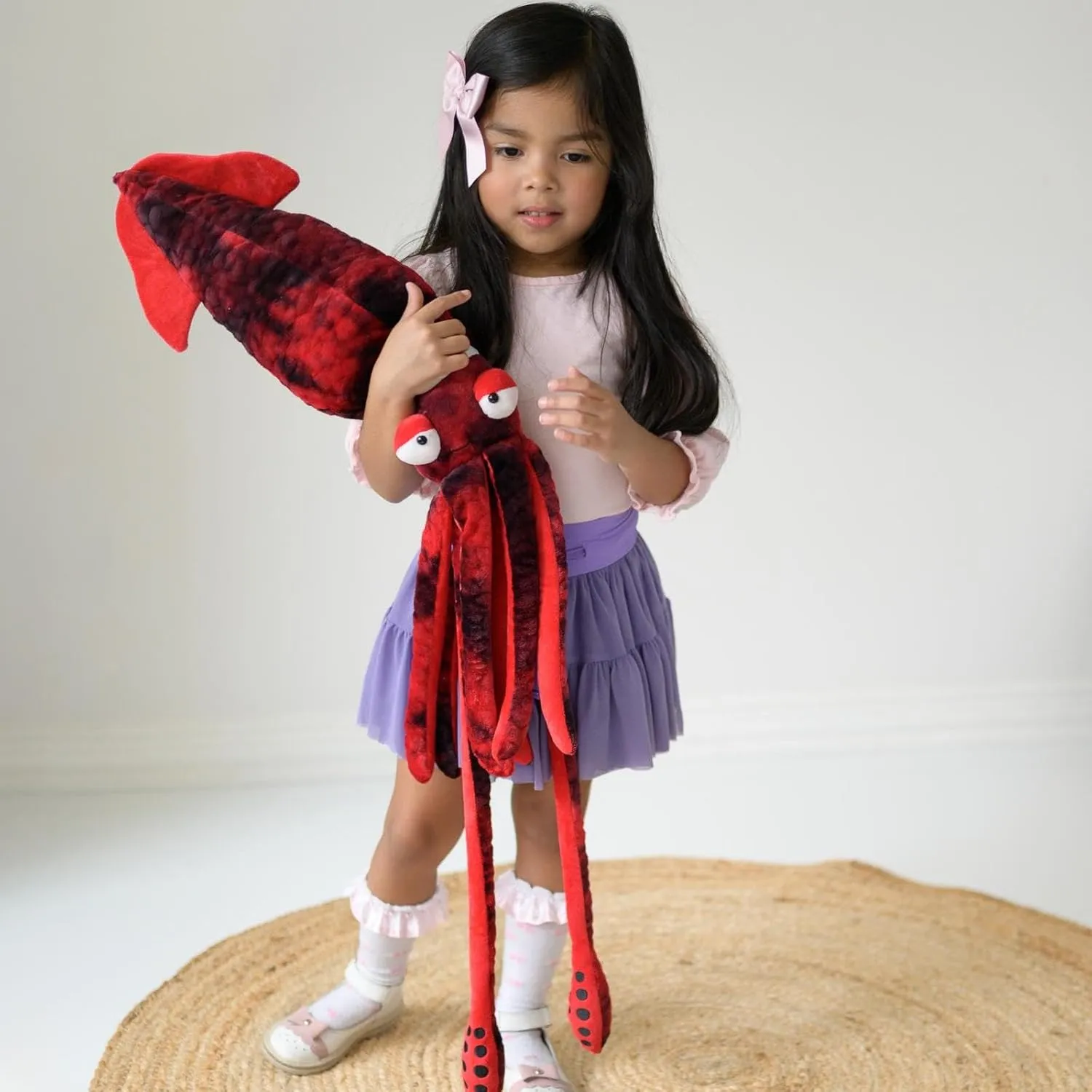 Giant Squid Stuffed Animal with 4 Sea Animal Plush Toy, 41.3" Clownfish Crab Seahorse Angler Fish Baby Stuffed, Birthday for Boys Girls Kids, Ocean Theme Party Decor, Red