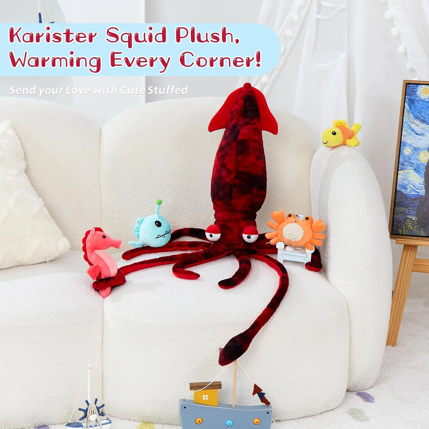 Giant Squid Stuffed Animal with 4 Sea Animal Plush Toy, 41.3" Clownfish Crab Seahorse Angler Fish Baby Stuffed, Birthday for Boys Girls Kids, Ocean Theme Party Decor, Red