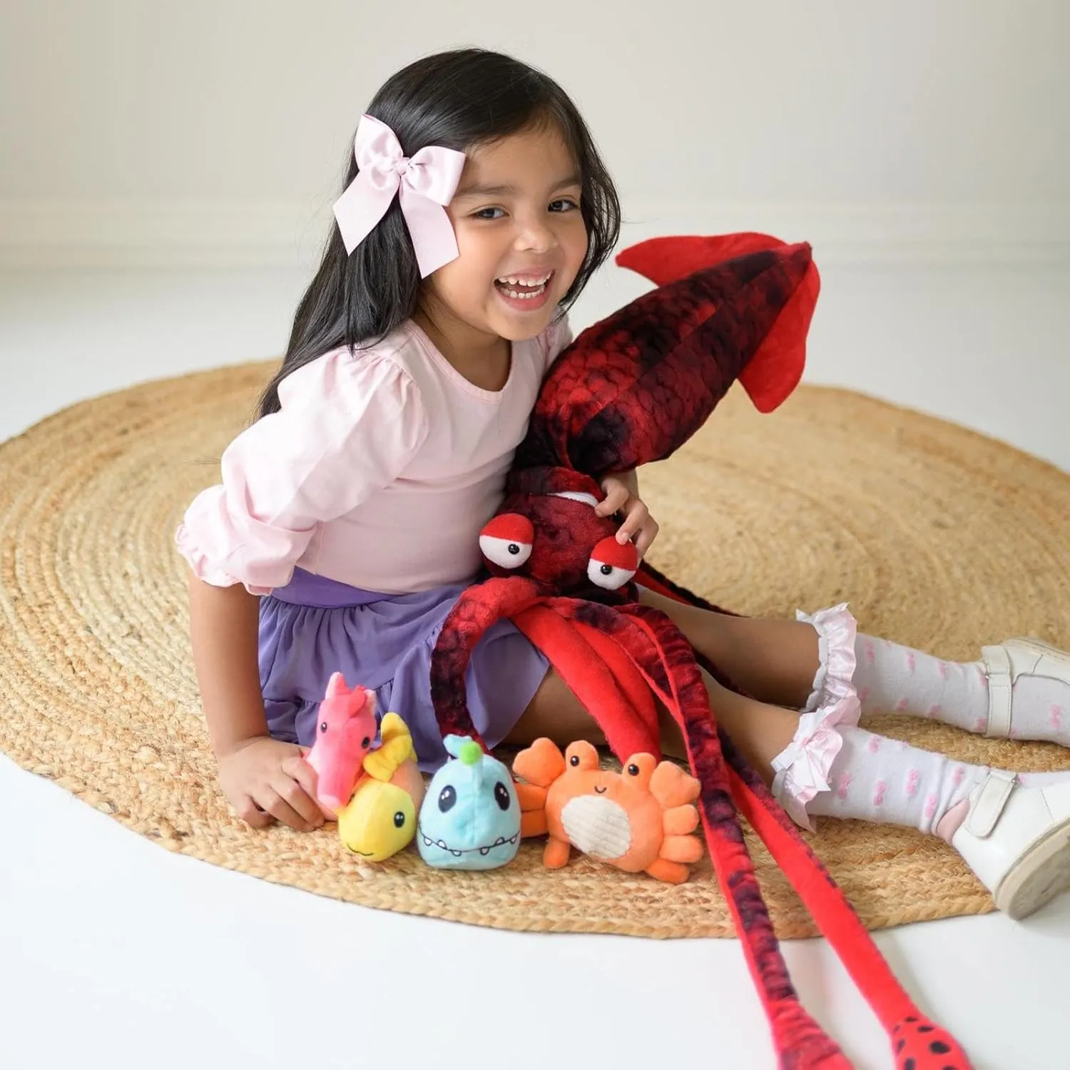 Giant Squid Stuffed Animal with 4 Sea Animal Plush Toy, 41.3" Clownfish Crab Seahorse Angler Fish Baby Stuffed, Birthday for Boys Girls Kids, Ocean Theme Party Decor, Red