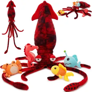 Giant Squid Stuffed Animal with 4 Sea Animal Plush Toy, 41.3" Clownfish Crab Seahorse Angler Fish Baby Stuffed, Birthday for Boys Girls Kids, Ocean Theme Party Decor, Red