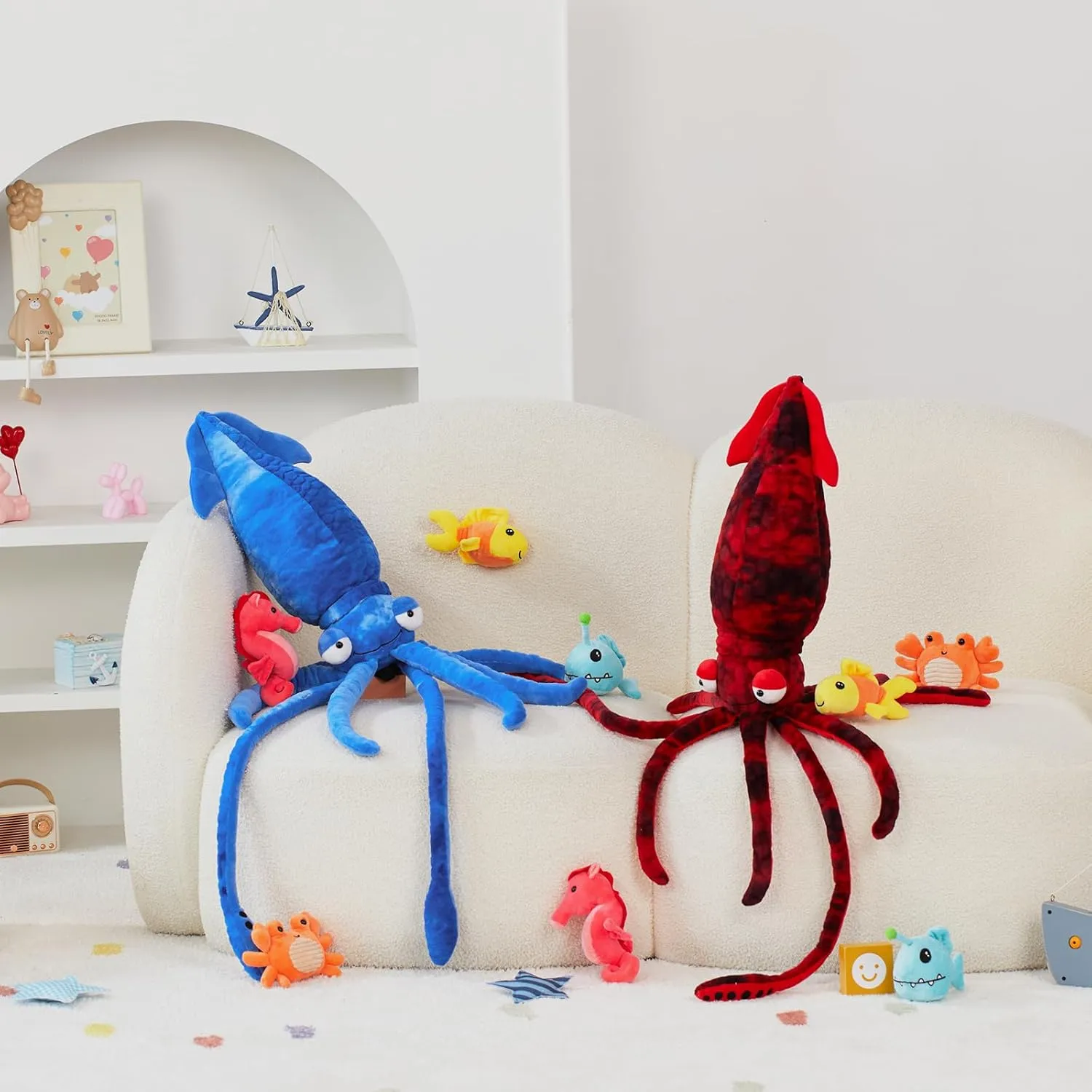 Giant Squid Stuffed Animal with 4 Sea Animal Plush Toy, 41.3" Clownfish Crab Seahorse Angler Fish Baby Stuffed, Birthday for Boys Girls Kids, Ocean Theme Party Decor, Red