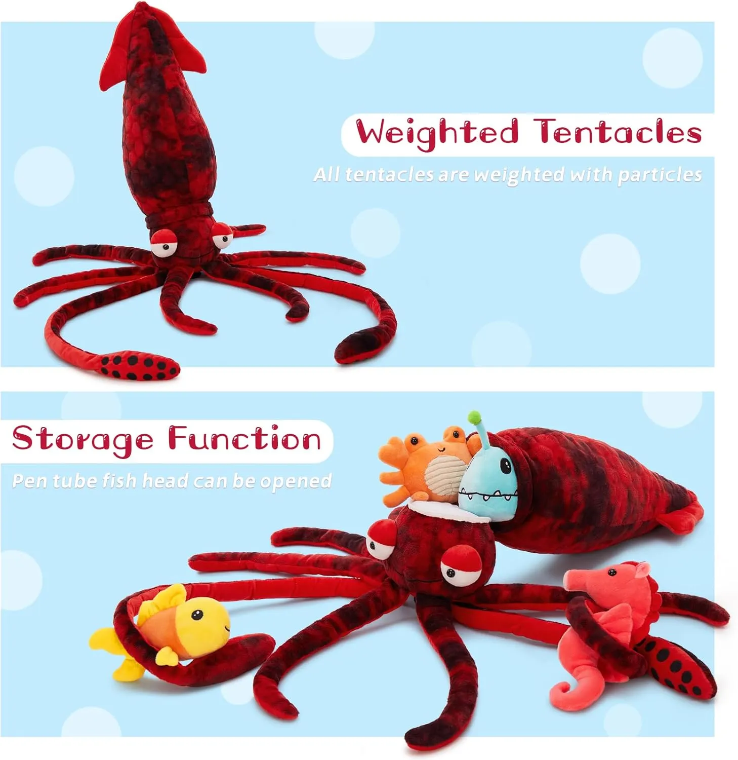 Giant Squid Stuffed Animal with 4 Sea Animal Plush Toy, 41.3" Clownfish Crab Seahorse Angler Fish Baby Stuffed, Birthday for Boys Girls Kids, Ocean Theme Party Decor, Red