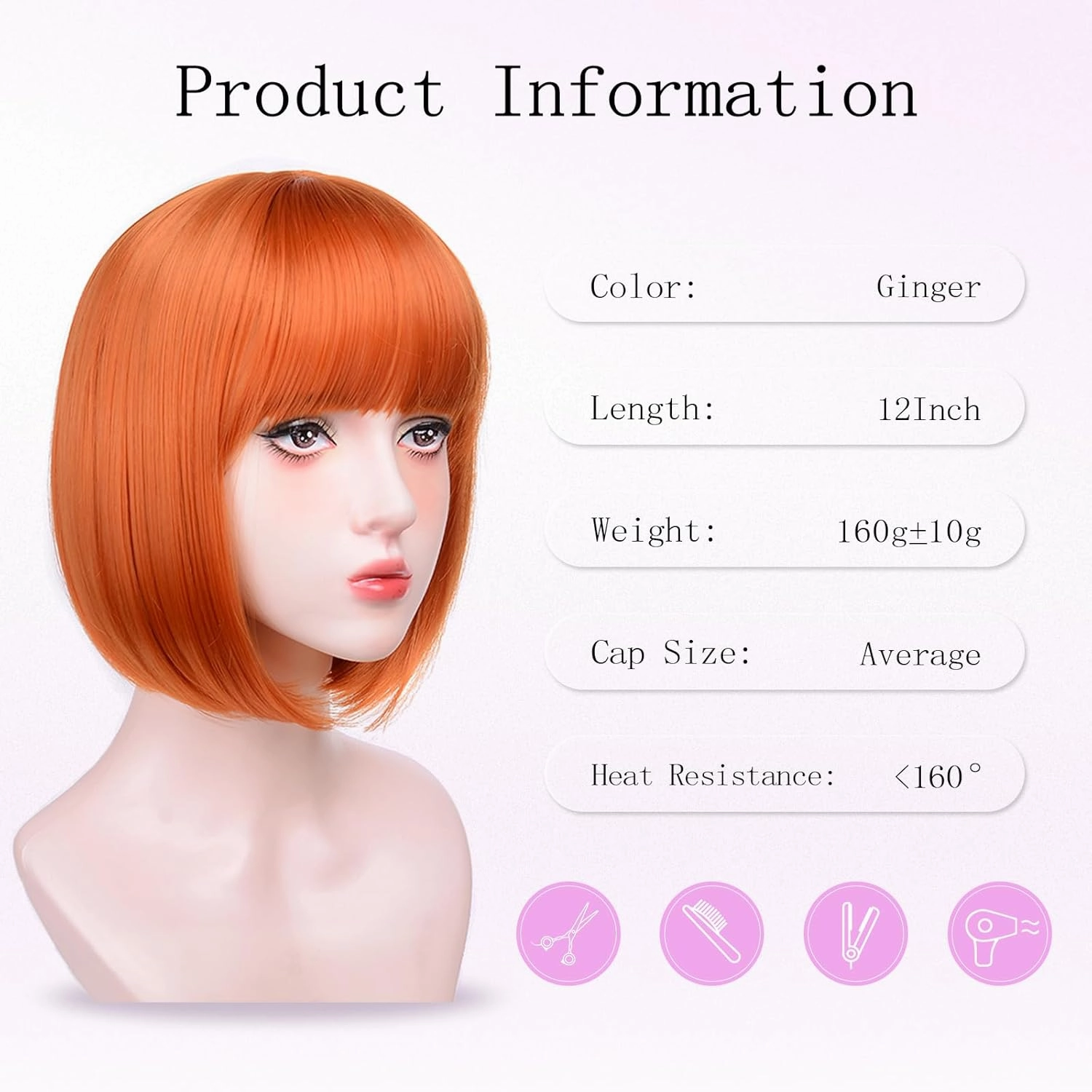 Ginger Bob Wigs for White Women - 12'' Short Bob Wigs With Bangs Natural Fashion Synthetic Wig Colorful Synthetic Hair for Daily Cosplay Halloween