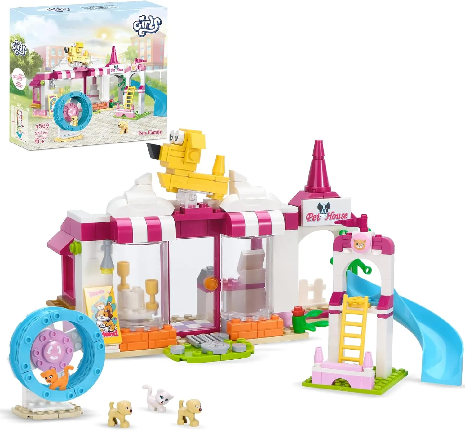 Girls Friends Pet House Building Sets, Dogs & Cats Day Care Center Building Toy 244 Pcs, Pet Playground with Slide, Puppy Animal Playset Creative Birthday Gift for for Girls Boys Ages 6 