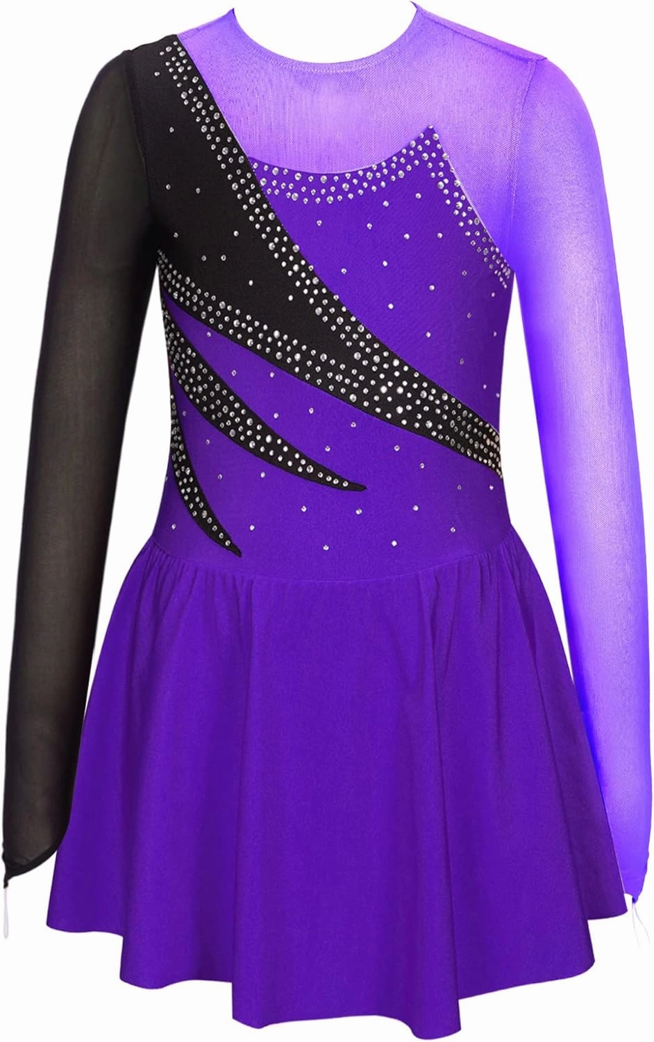 Girls Kids Rhinestone Figure Ice Skating Dress Long Sleeve Tutu Skirt Leotard Dresses