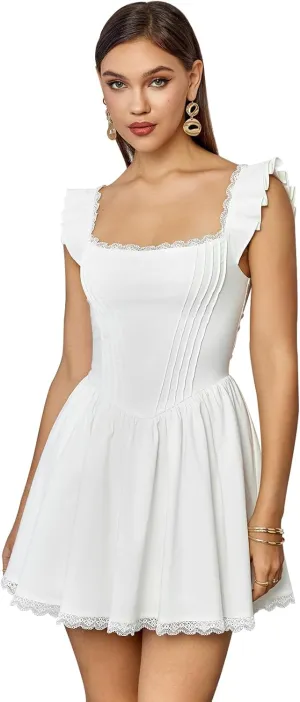 GLNEGE Women's Graduation Summer Mini Corset Dress Square Neck Short Ruffle Sleeve A Line Cute Trendy Party Dresses 2025
