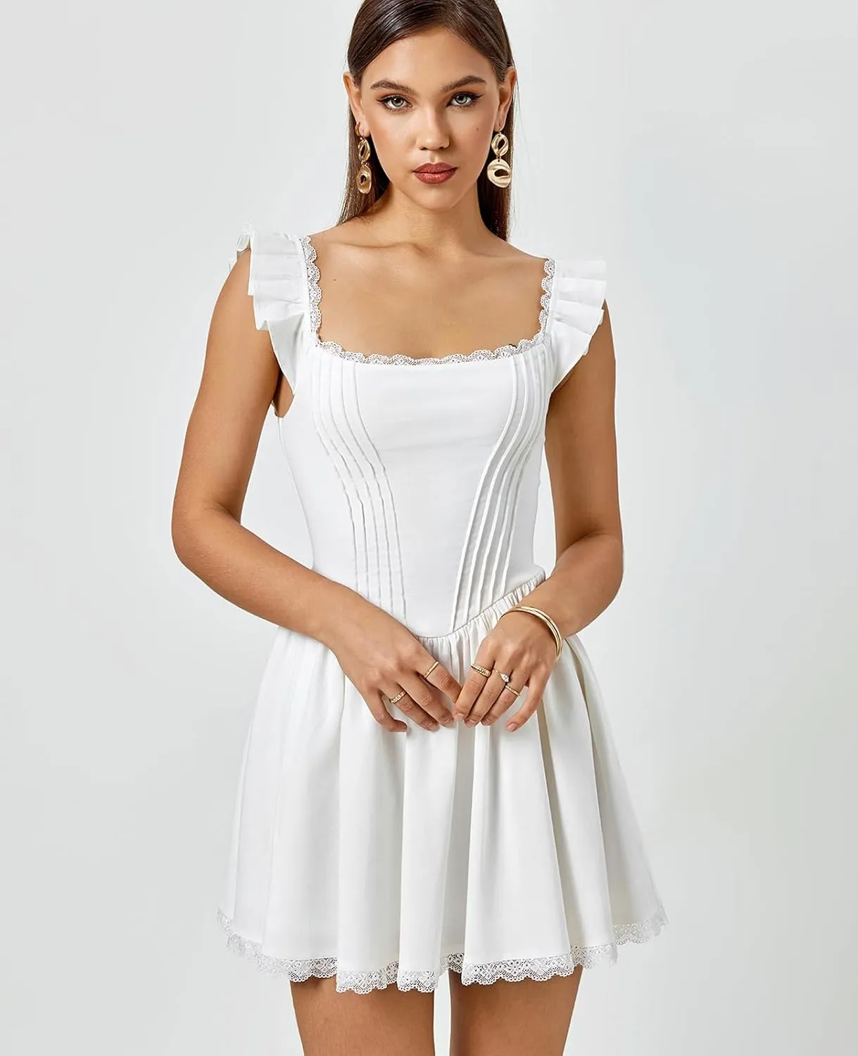 GLNEGE Women's Graduation Summer Mini Corset Dress Square Neck Short Ruffle Sleeve A Line Cute Trendy Party Dresses 2025