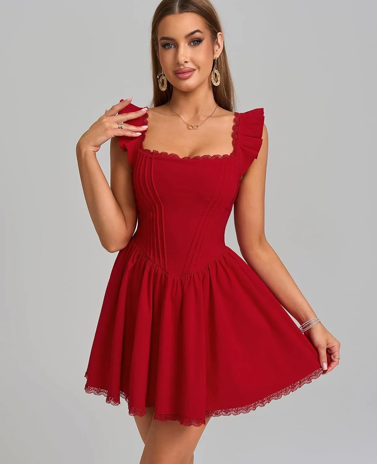 GLNEGE Women's Graduation Summer Mini Corset Dress Square Neck Short Ruffle Sleeve A Line Cute Trendy Party Dresses 2025