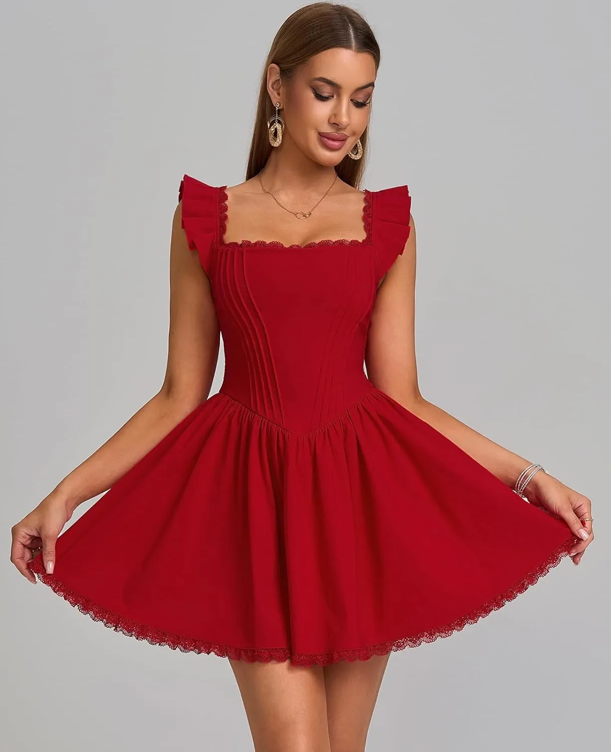 GLNEGE Women's Graduation Summer Mini Corset Dress Square Neck Short Ruffle Sleeve A Line Cute Trendy Party Dresses 2025