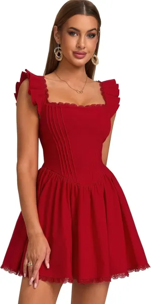 GLNEGE Women's Graduation Summer Mini Corset Dress Square Neck Short Ruffle Sleeve A Line Cute Trendy Party Dresses 2025