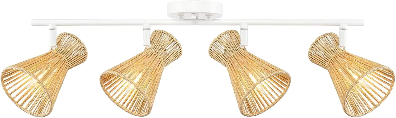 GLOBE Electric 64000050 28" 4-Light Track Lighting, Matte White, Natural Twine Shades, Ceiling Light, Pivot Shade, Kitchen Lights, 4 Bulb Track-Light