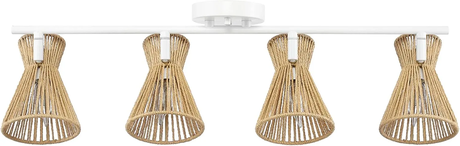 GLOBE Electric 64000050 28" 4-Light Track Lighting, Matte White, Natural Twine Shades, Ceiling Light, Pivot Shade, Kitchen Lights, 4 Bulb Track-Light