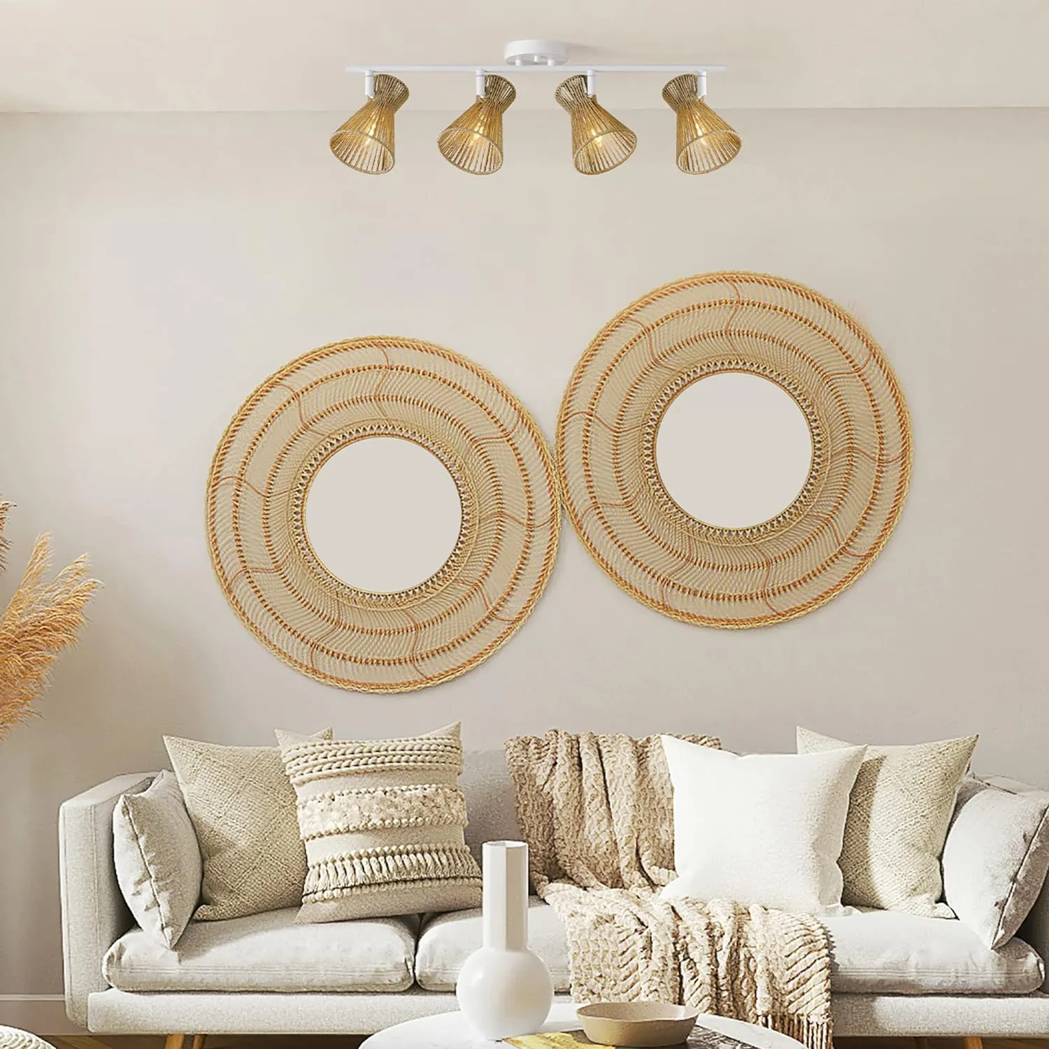 GLOBE Electric 64000050 28" 4-Light Track Lighting, Matte White, Natural Twine Shades, Ceiling Light, Pivot Shade, Kitchen Lights, 4 Bulb Track-Light