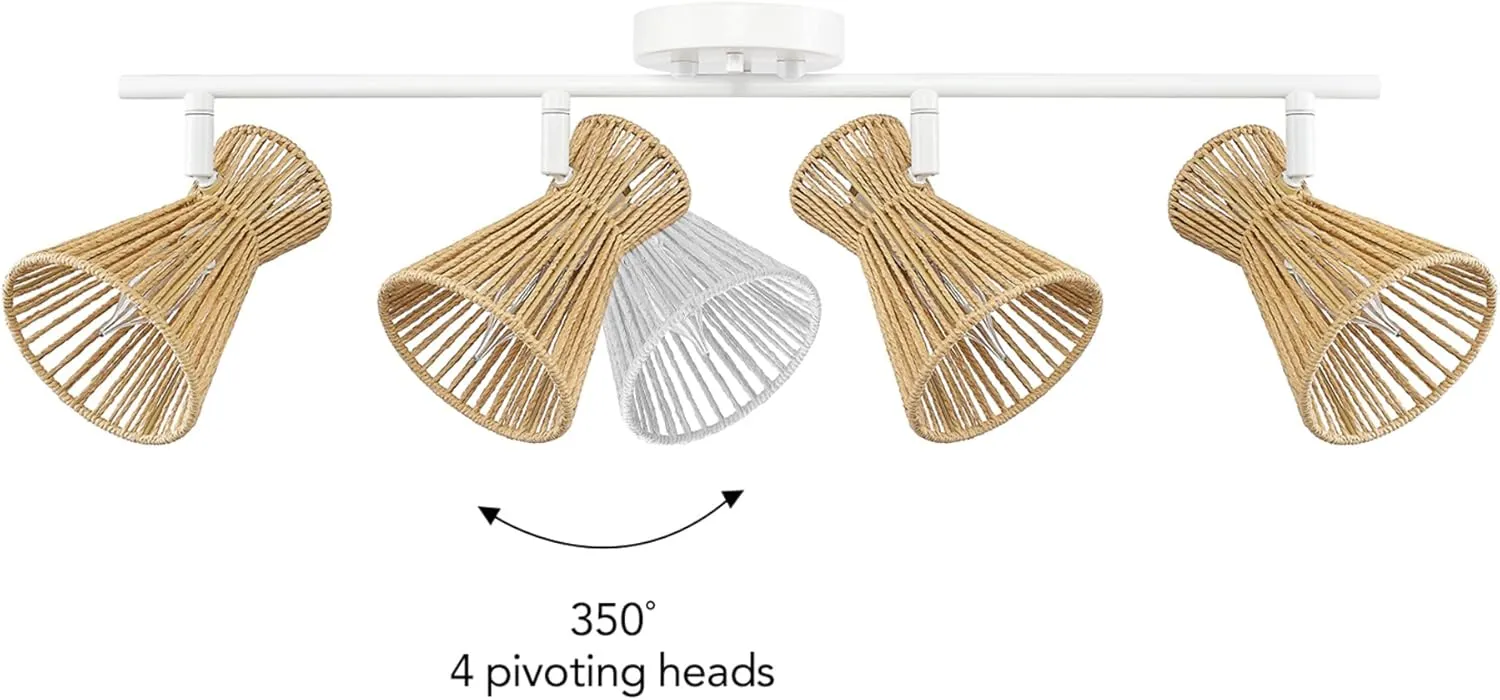 GLOBE Electric 64000050 28" 4-Light Track Lighting, Matte White, Natural Twine Shades, Ceiling Light, Pivot Shade, Kitchen Lights, 4 Bulb Track-Light