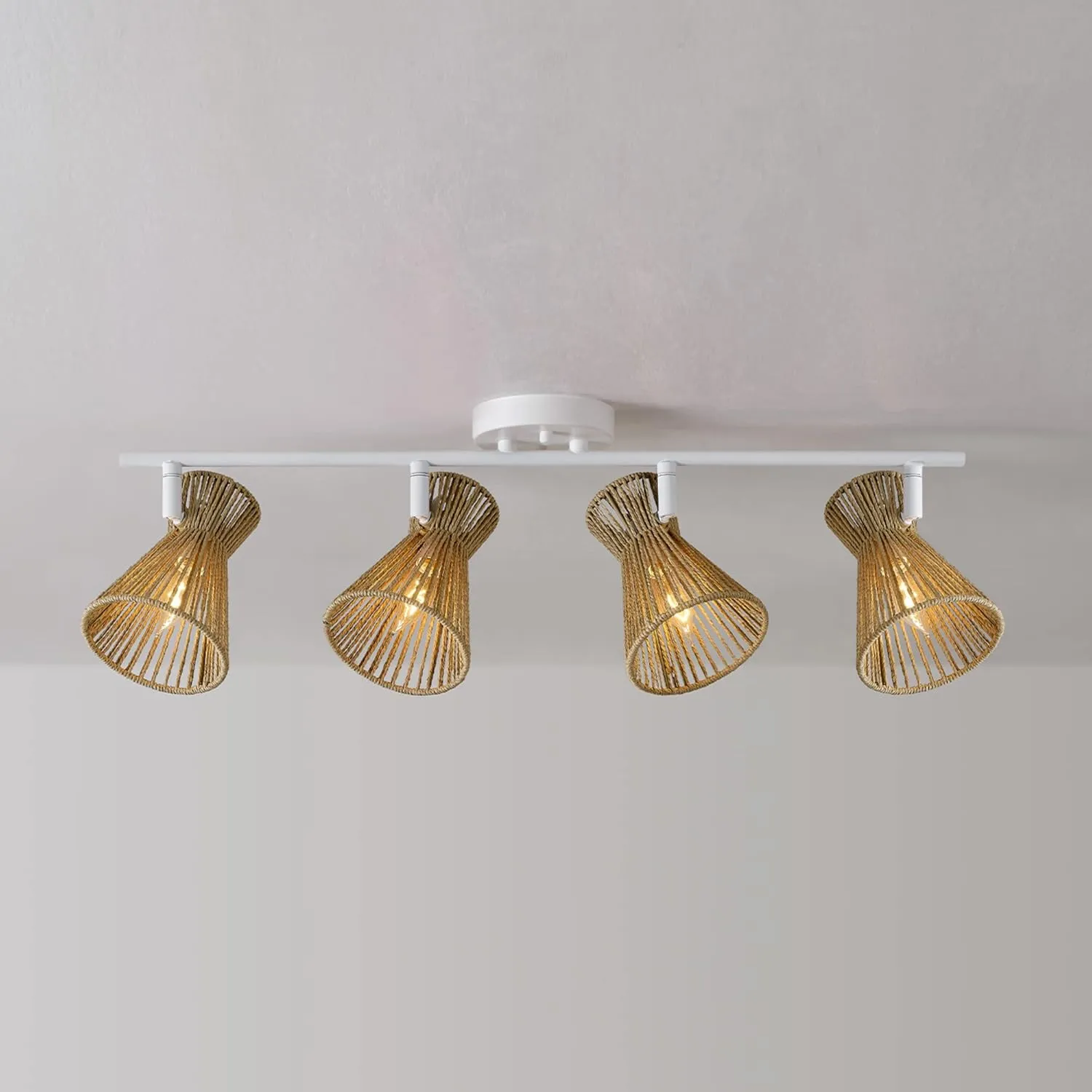 GLOBE Electric 64000050 28" 4-Light Track Lighting, Matte White, Natural Twine Shades, Ceiling Light, Pivot Shade, Kitchen Lights, 4 Bulb Track-Light