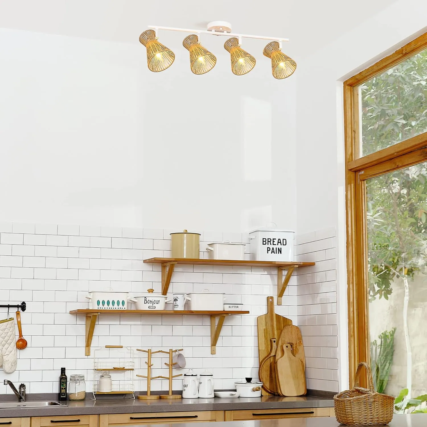 GLOBE Electric 64000050 28" 4-Light Track Lighting, Matte White, Natural Twine Shades, Ceiling Light, Pivot Shade, Kitchen Lights, 4 Bulb Track-Light