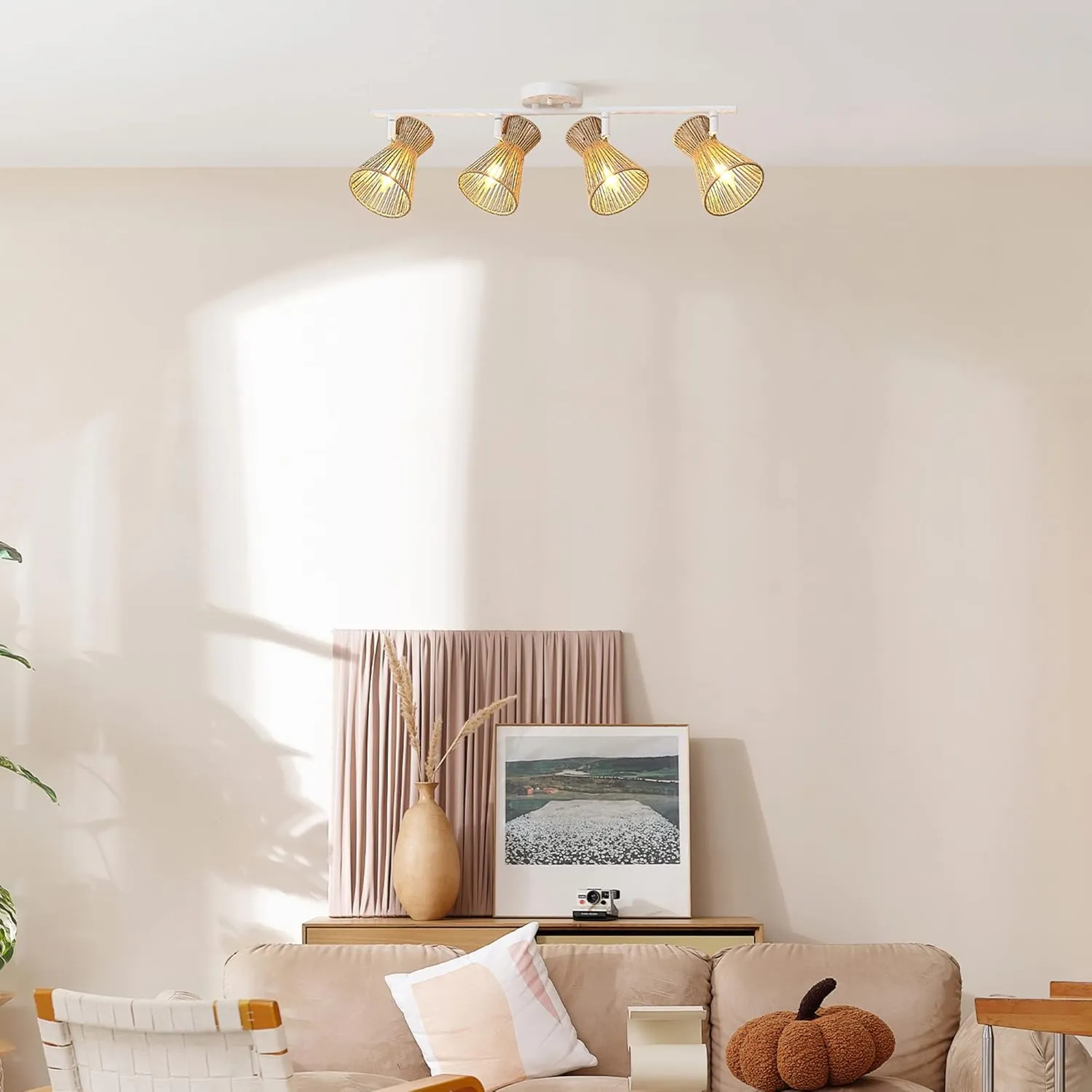 GLOBE Electric 64000050 28" 4-Light Track Lighting, Matte White, Natural Twine Shades, Ceiling Light, Pivot Shade, Kitchen Lights, 4 Bulb Track-Light
