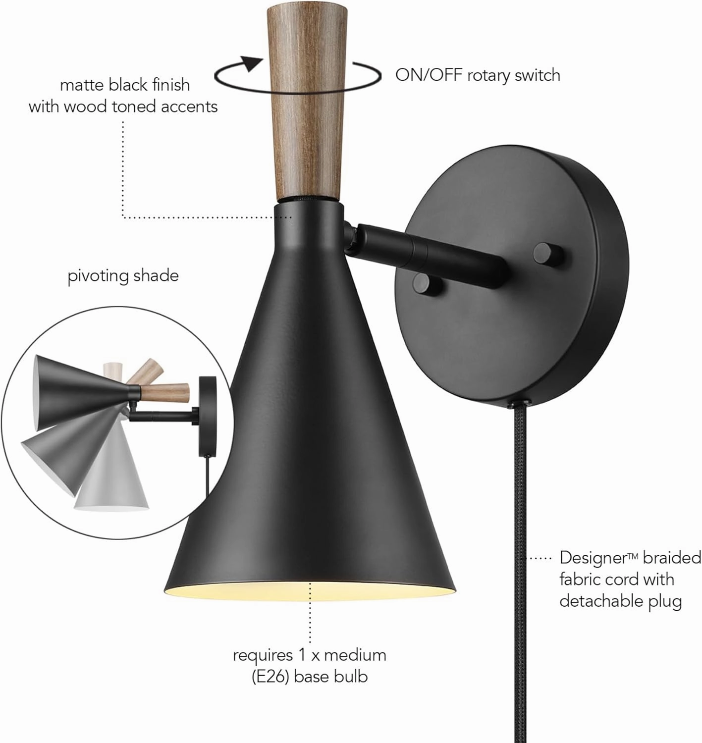 GLOBE Electric 65000101 Plug-in or Hardwire Wall Sconce, Matte Black Finish, Wood-Toned Switch, Metal Shade, 6-Foot Cord, E26 Base, Easy Installation