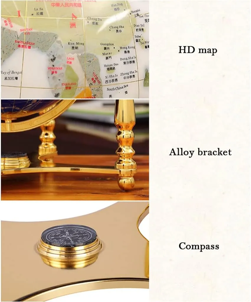 Globo Terráqueo Pearl Ocean Table Top Gemstone World Globe W/ 4 Leg Gold Stand & Compass, Bilingual in Chinese & English, Desktop Globe Teaching Easy-Read