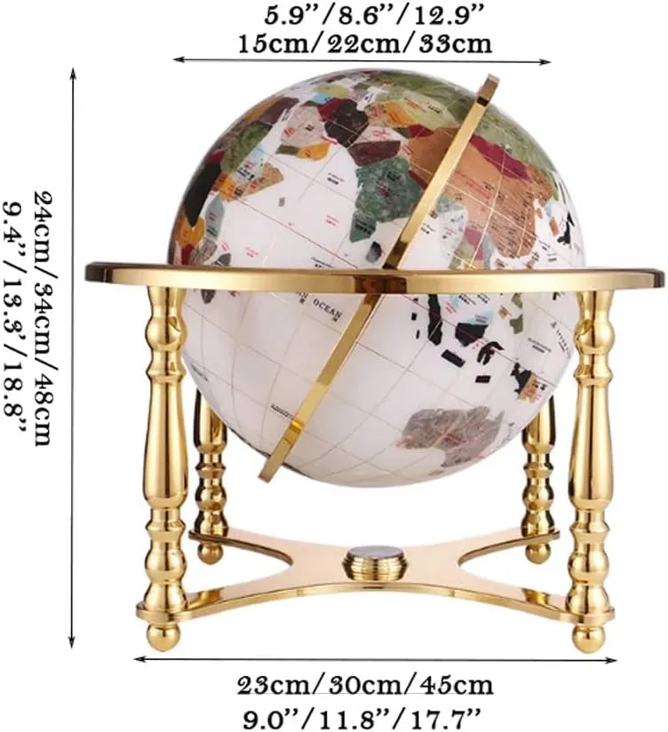 Globo Terráqueo Pearl Ocean Table Top Gemstone World Globe W/ 4 Leg Gold Stand & Compass, Bilingual in Chinese & English, Desktop Globe Teaching Easy-Read